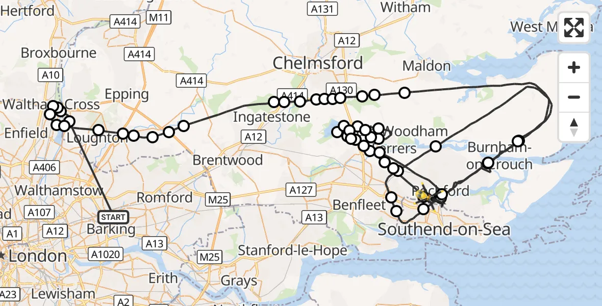 Flight route Police Helicopter Seven Kings - London Southend Airport, 27 October 2026, 16:03