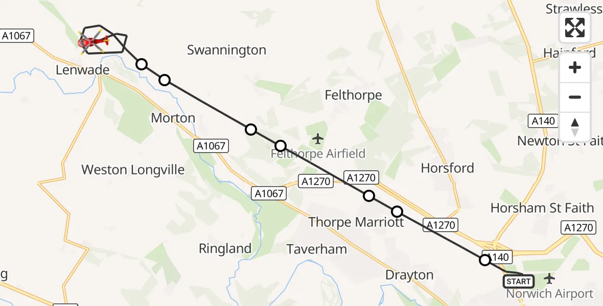 Flight route Air Ambulance Helicopter Norwich Airport - Lenwade, 27 October 2026, 16:12