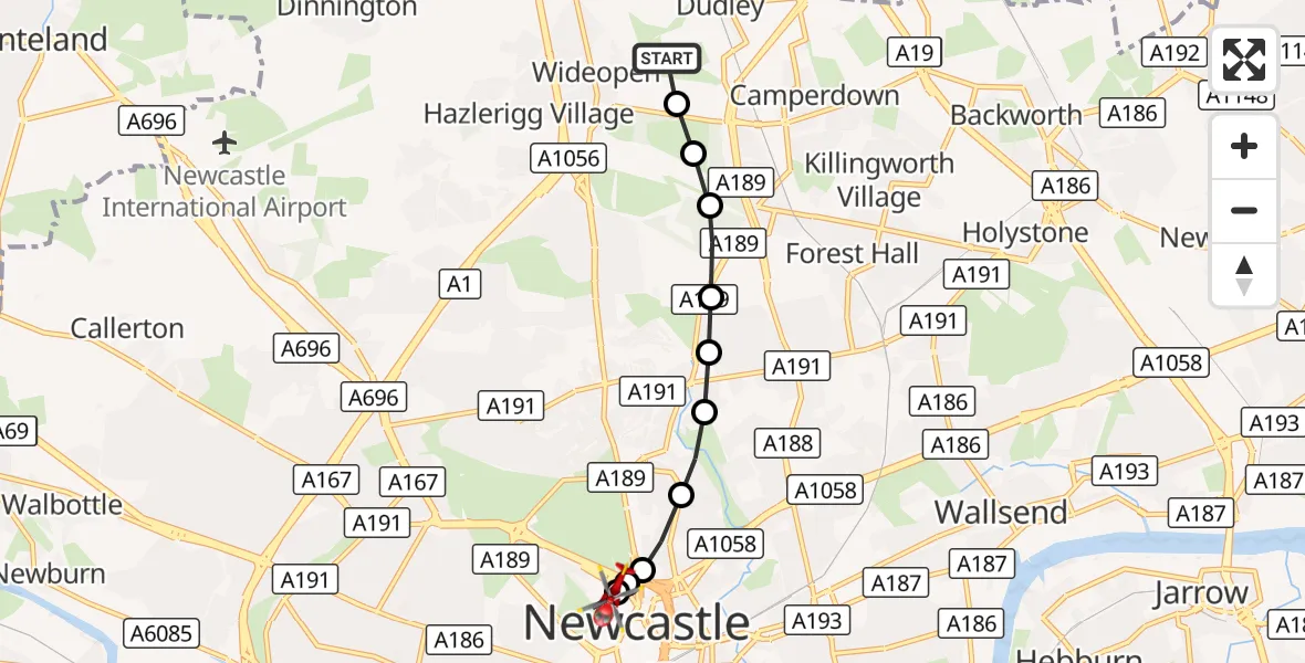 Flight route Air Ambulance Helicopter Wideopen - Newcastle Royal Victoria Infirmary, 27 October 2026, 16:25