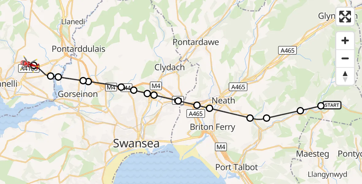 Flight route Air Ambulance Helicopter Abergwynfi - Dafen, 27 October 2026, 16:33
