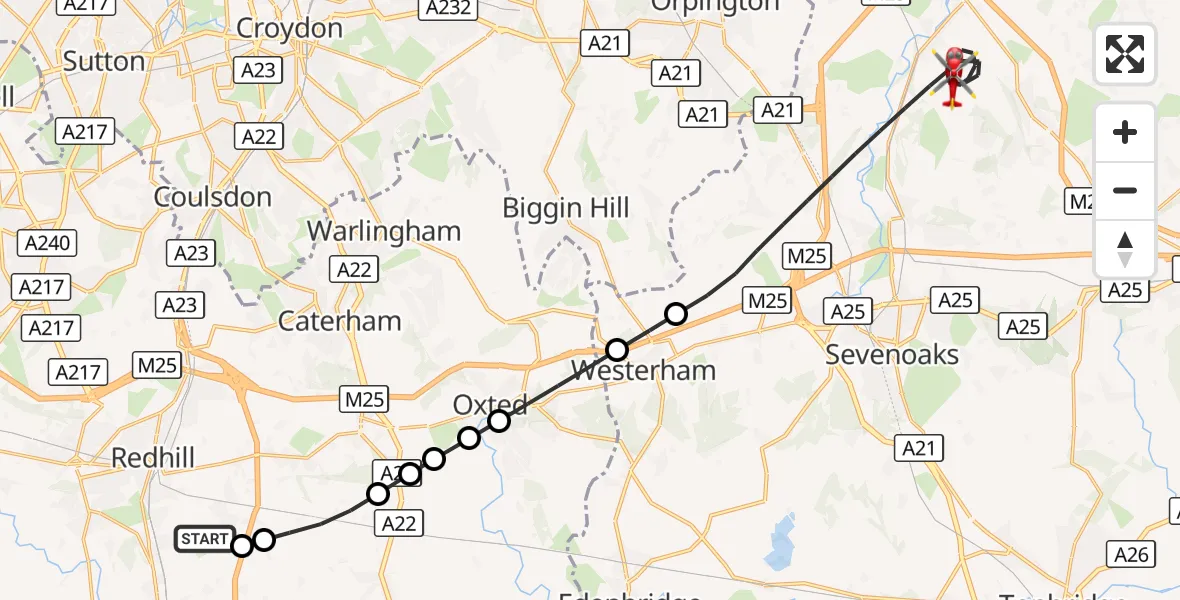 Flight route Air Ambulance Helicopter Redhill Aerodrome - Sevenoaks, 27 October 2026, 16:36