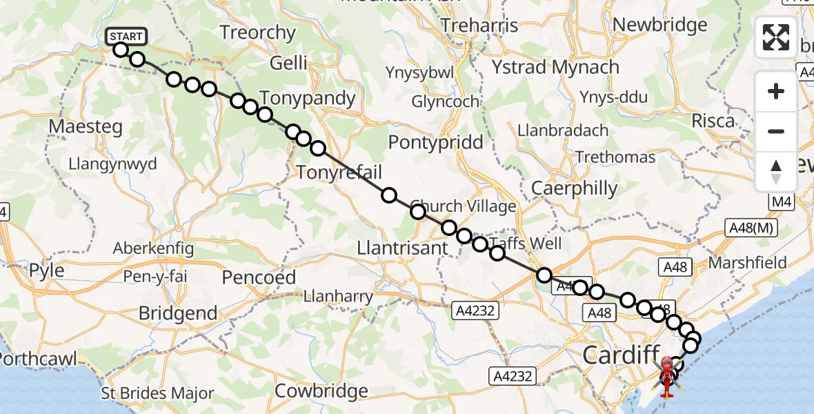 Flight route Air Ambulance Helicopter Abergwynfi - Cardiff Heliport, 27 October 2026, 16:46