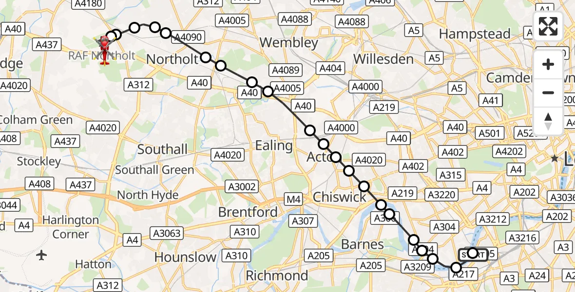 Flight route Air Ambulance Helicopter London Heliport - RAF Northolt, 27 October 2026, 16:54