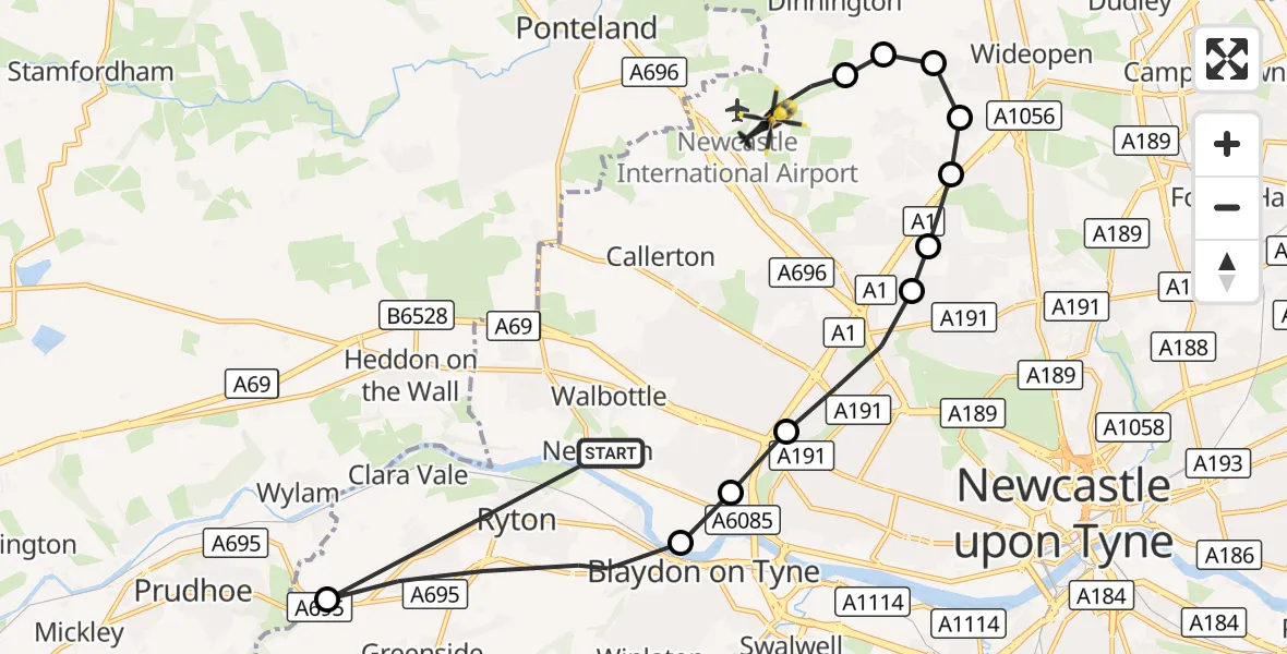 Flight route Police Helicopter Newburn - Newcastle International Airport, 27 October 2026, 17:05