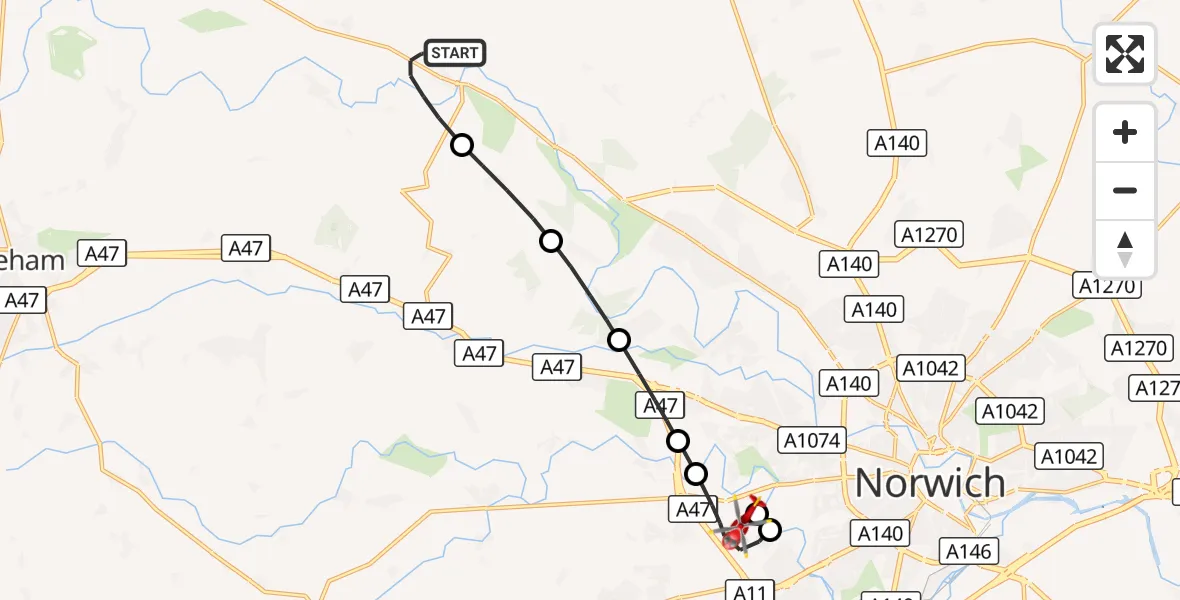 Flight route Air Ambulance Helicopter Lenwade - Norfolk & Norwich Hospital, 27 October 2026, 17:10