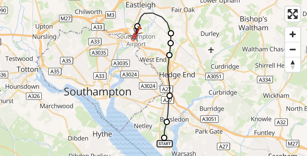 Flight route Air Ambulance Helicopter Eastleigh - Southampton Airport, 27 October 2026, 17:37