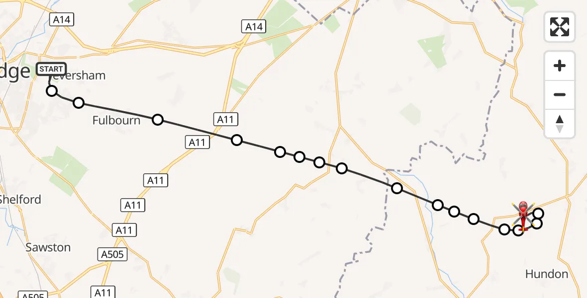 Flight route Air Ambulance Helicopter Cambridge City Airport - Stradishall, 27 October 2026, 17:45