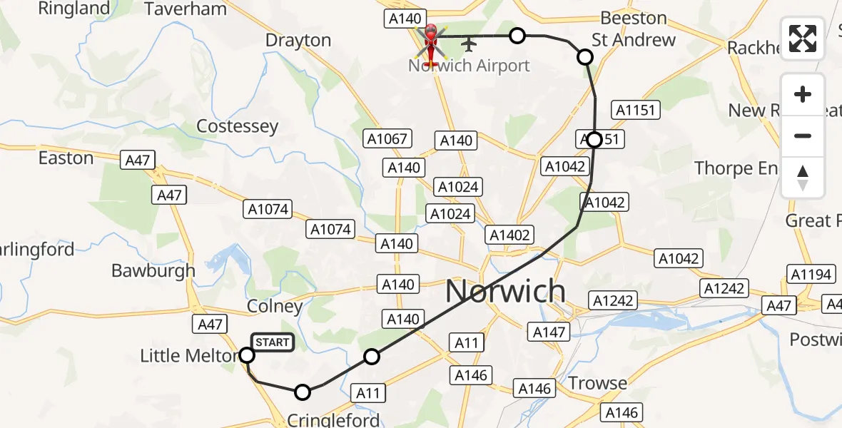 Flight route Air Ambulance Helicopter Norfolk & Norwich Hospital - Norwich Airport, 27 October 2026, 17:54