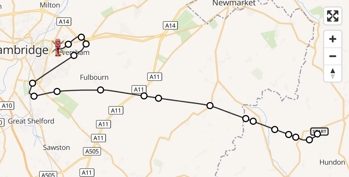 Flight route Air Ambulance Helicopter Stradishall - Cambridge City Airport, 27 October 2026, 18:21