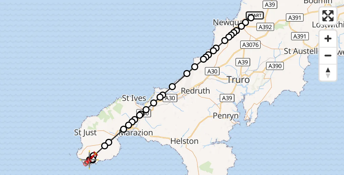 Flight route Air Ambulance Helicopter Cornwall Airport Newquay - Treen, 27 October 2026, 18:38