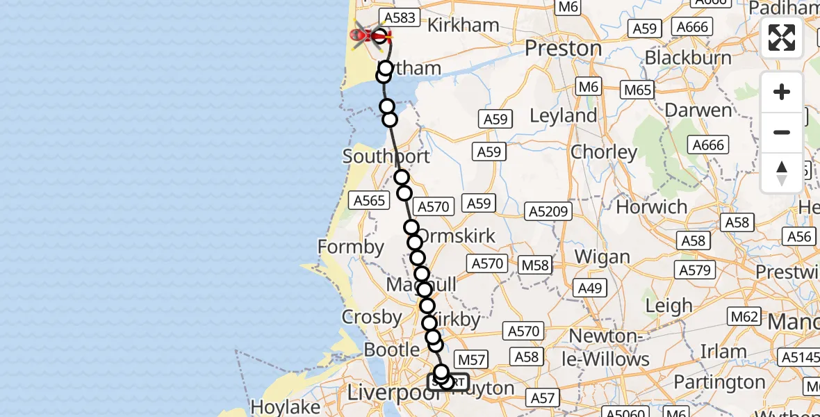 Flight route Air Ambulance Helicopter Knotty Ash - Blackpool Airport, 27 October 2026, 18:50