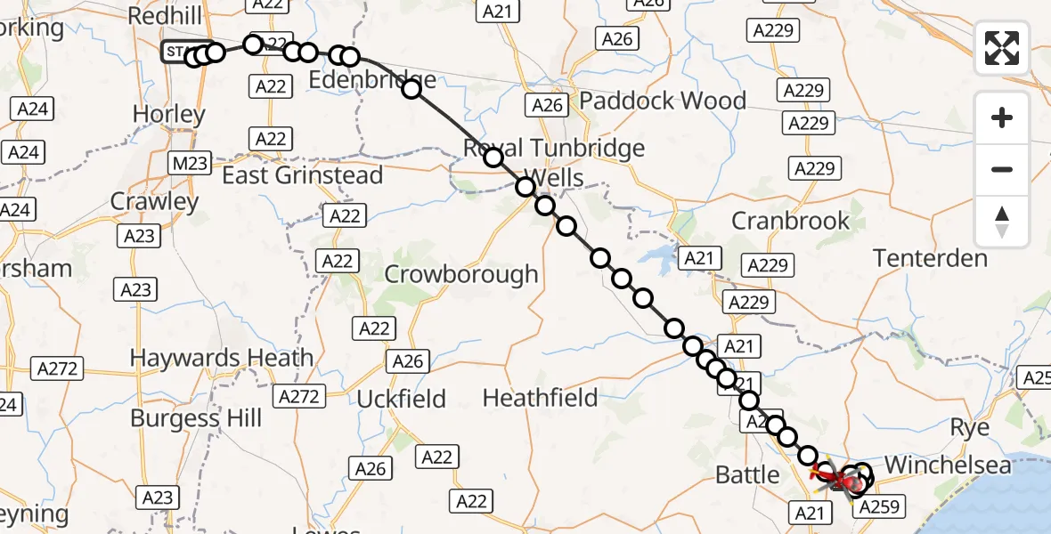 Flight route Air Ambulance Helicopter Redhill Aerodrome - Westfield, 27 October 2026, 21:49
