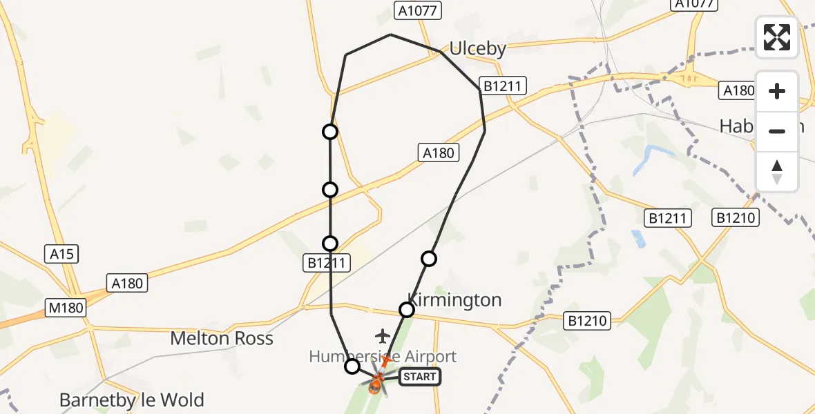 Flight route Coastguard Helicopter Humberside Airport - Humberside Airport, 27 October 2026, 21:51