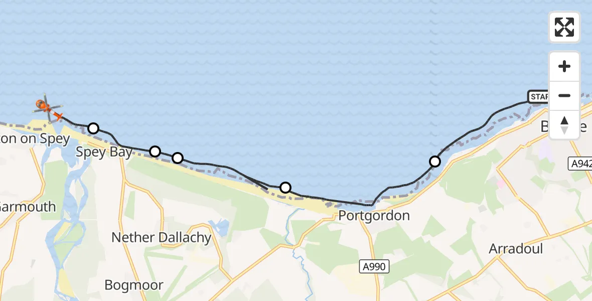 Flight route Coastguard Helicopter Buckie - Kingston on Spey, 27 October 2026, 23:19