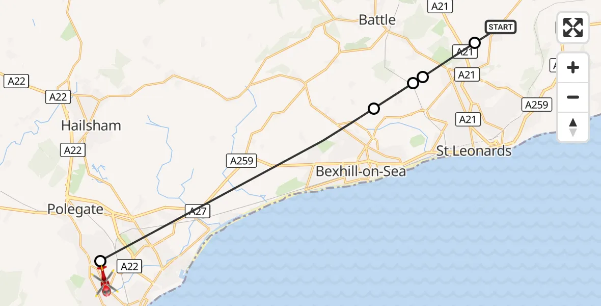Flight route Air Ambulance Helicopter Westfield - Eastbourne, 27 October 2026, 23:40