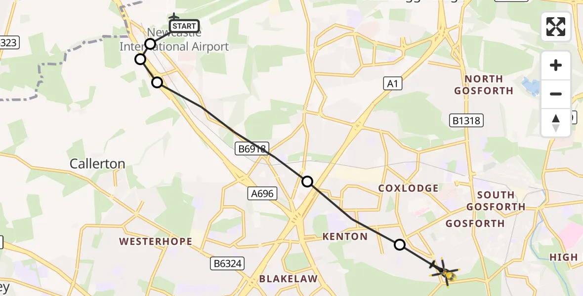 Flight route Police Helicopter Newcastle International Airport - Gosforth, 28 October 2026, 00:15