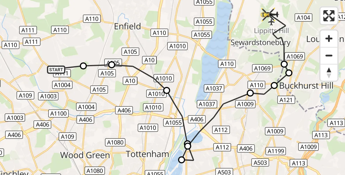 Flight route Police Helicopter Southgate - Sewardstonebury, 28 October 2026, 01:53