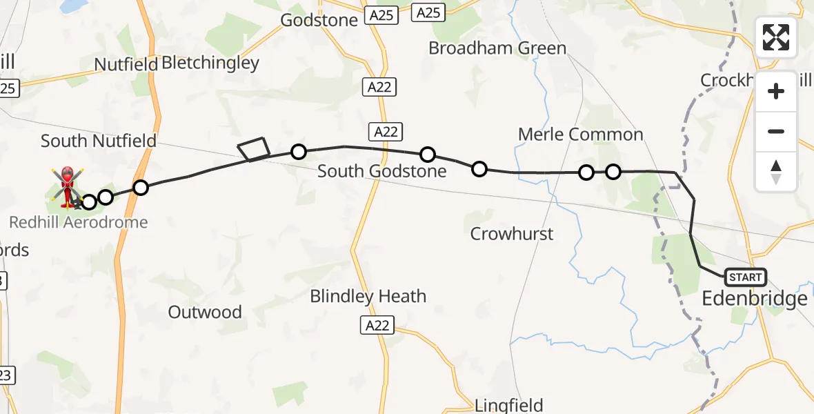 Flight route Air Ambulance Helicopter Edenbridge - Redhill Aerodrome, 28 October 2026, 02:04