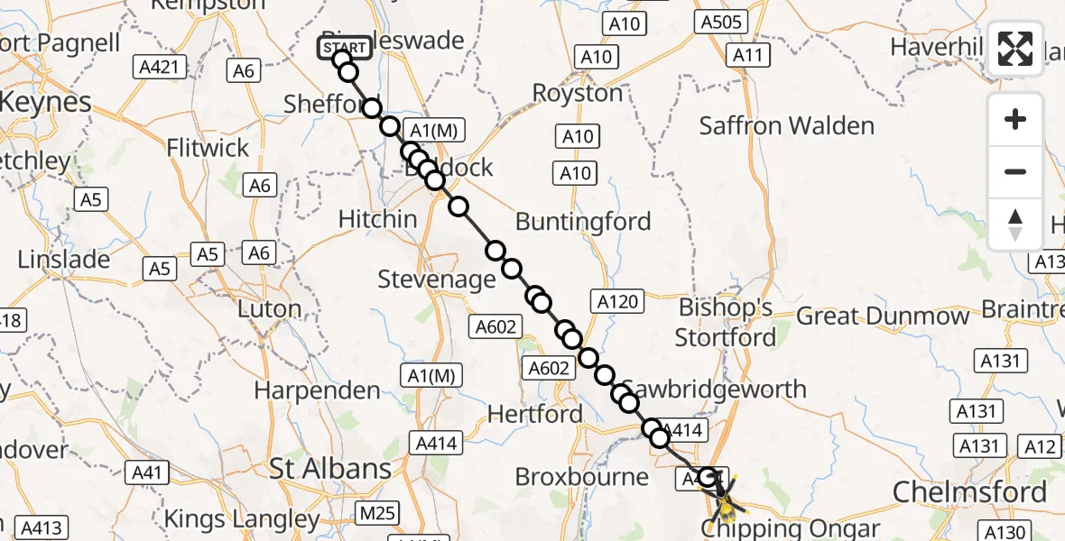 Flight route Police Helicopter Old Warden Airfield - North Weald Bassett, 28 October 2026, 05:55