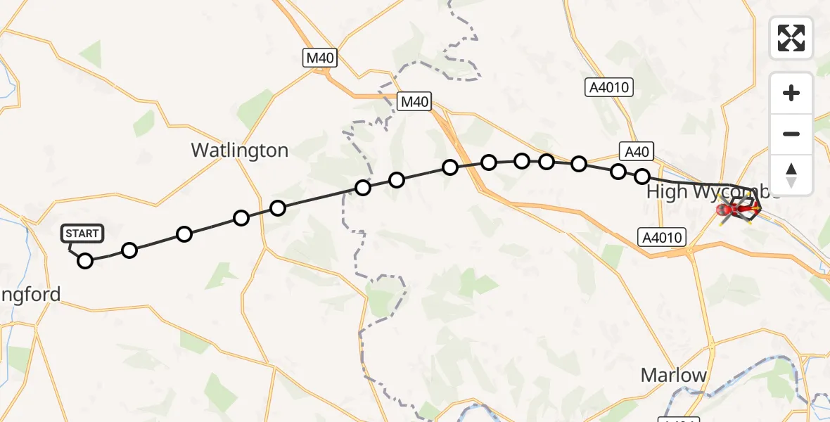 Flight route Air Ambulance Helicopter RAF Benson - High Wycombe, 28 October 2026, 08:30
