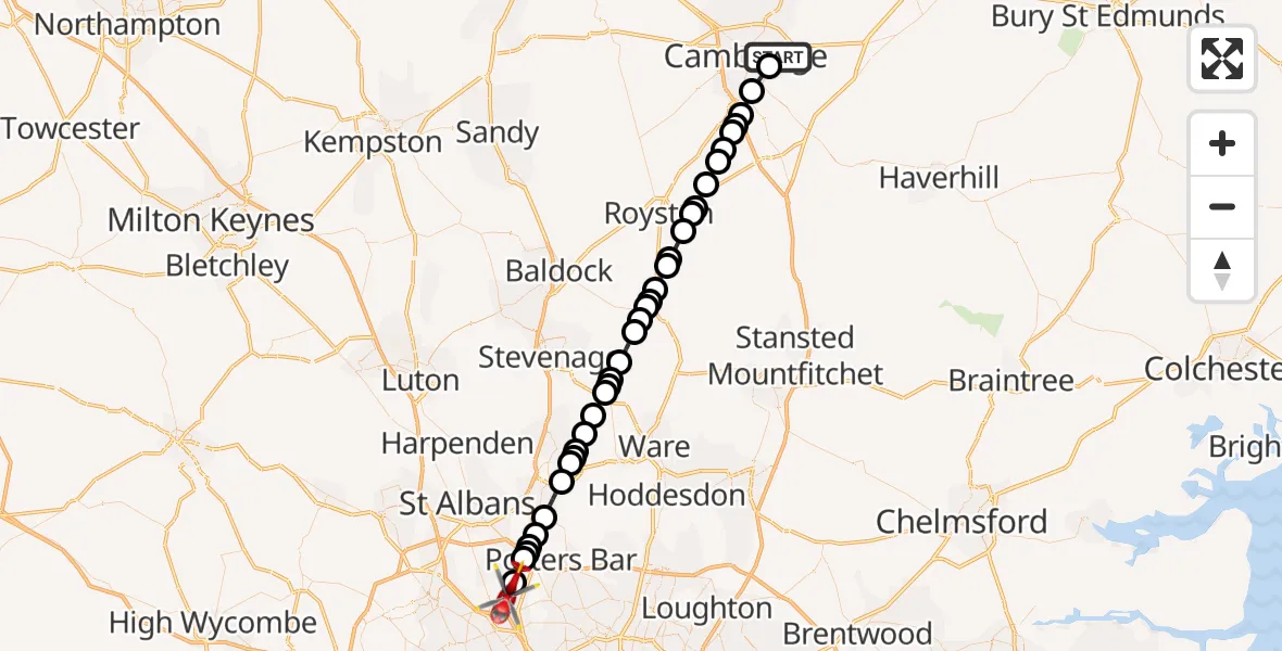 Flight route Air Ambulance Helicopter Cambridge City Airport - Borehamwood, 28 October 2026, 08:50