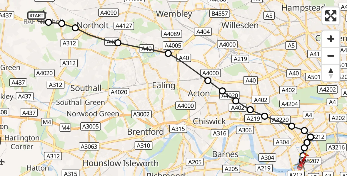 Flight route Air Ambulance Helicopter RAF Northolt - London Heliport, 28 October 2026, 09:10