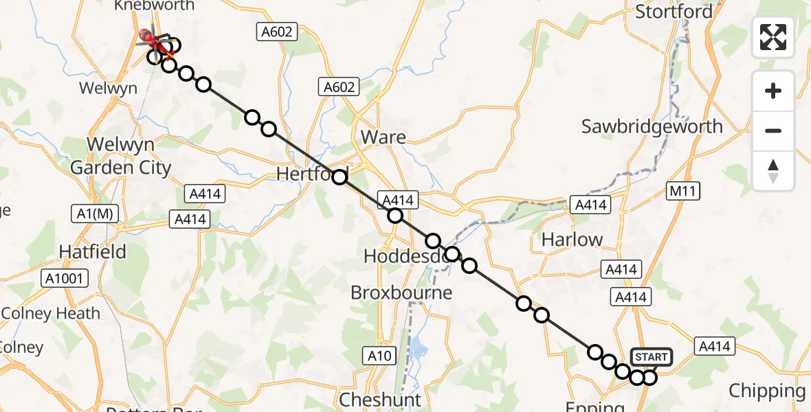 Flight route Air Ambulance Helicopter North Weald Airfield - Welwyn, 28 October 2026, 10:22