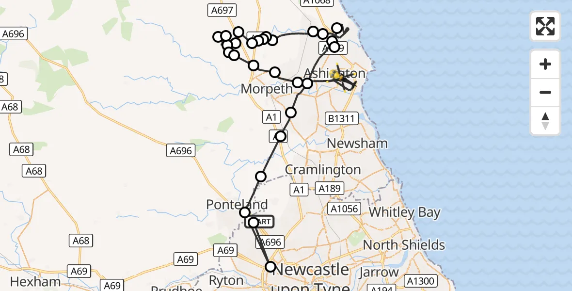 Flight route Police Helicopter Newcastle International Airport - Ashington, 28 October 2026, 10:23