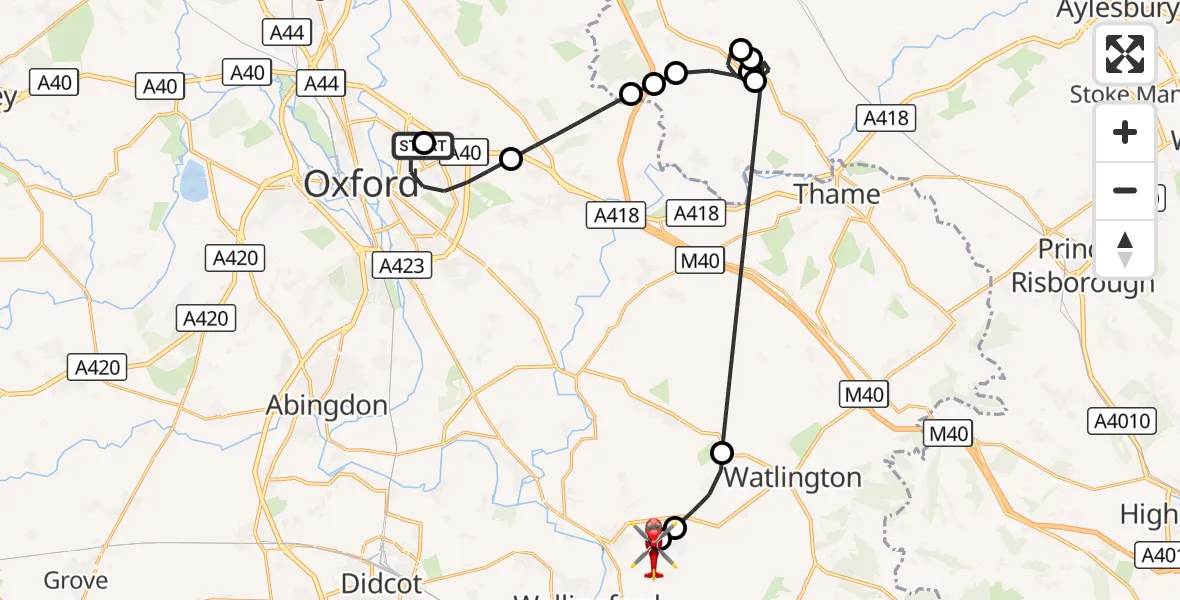 Flight route Air Ambulance Helicopter John Radcliffe Hospital - RAF Benson, 28 October 2026, 10:35