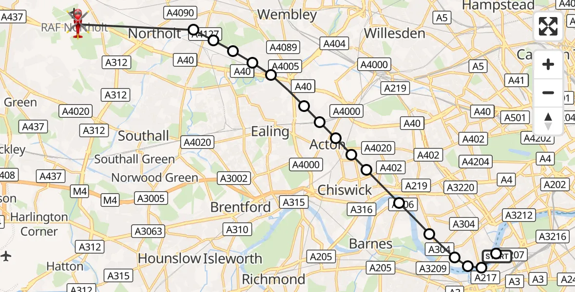 Flight route Air Ambulance Helicopter London Heliport - RAF Northolt, 28 October 2026, 10:36