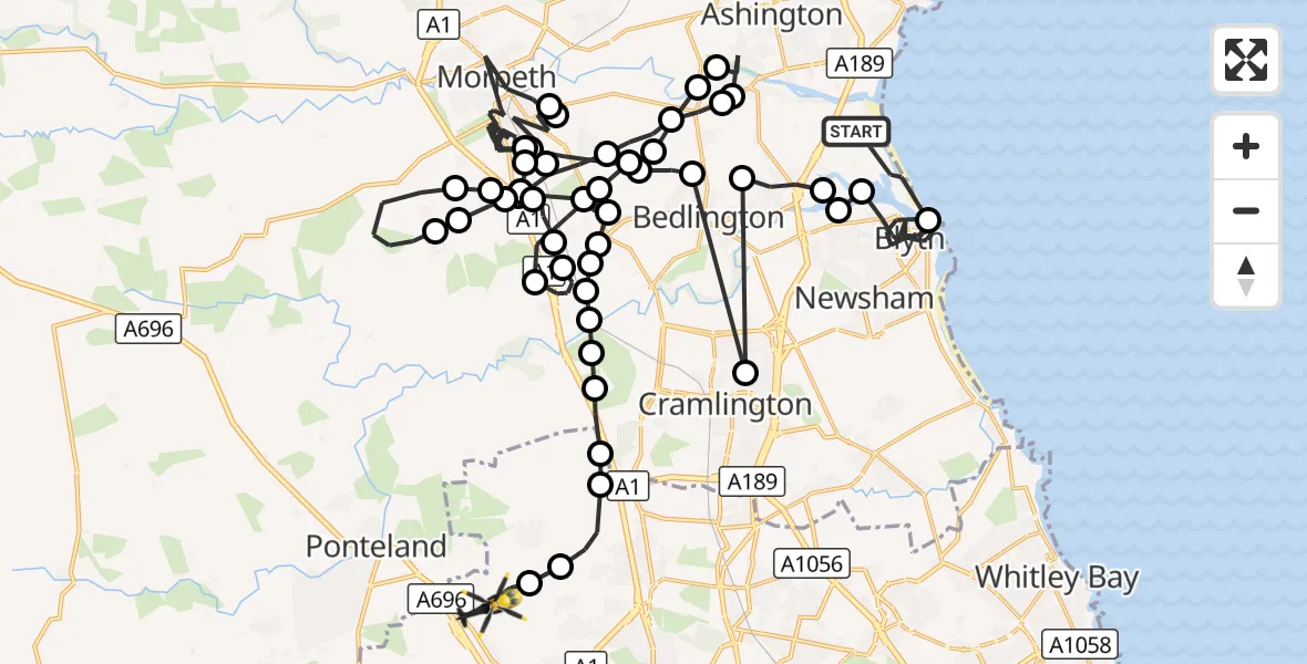 Flight route Police Helicopter East Bedlington - Newcastle International Airport, 28 October 2026, 10:51