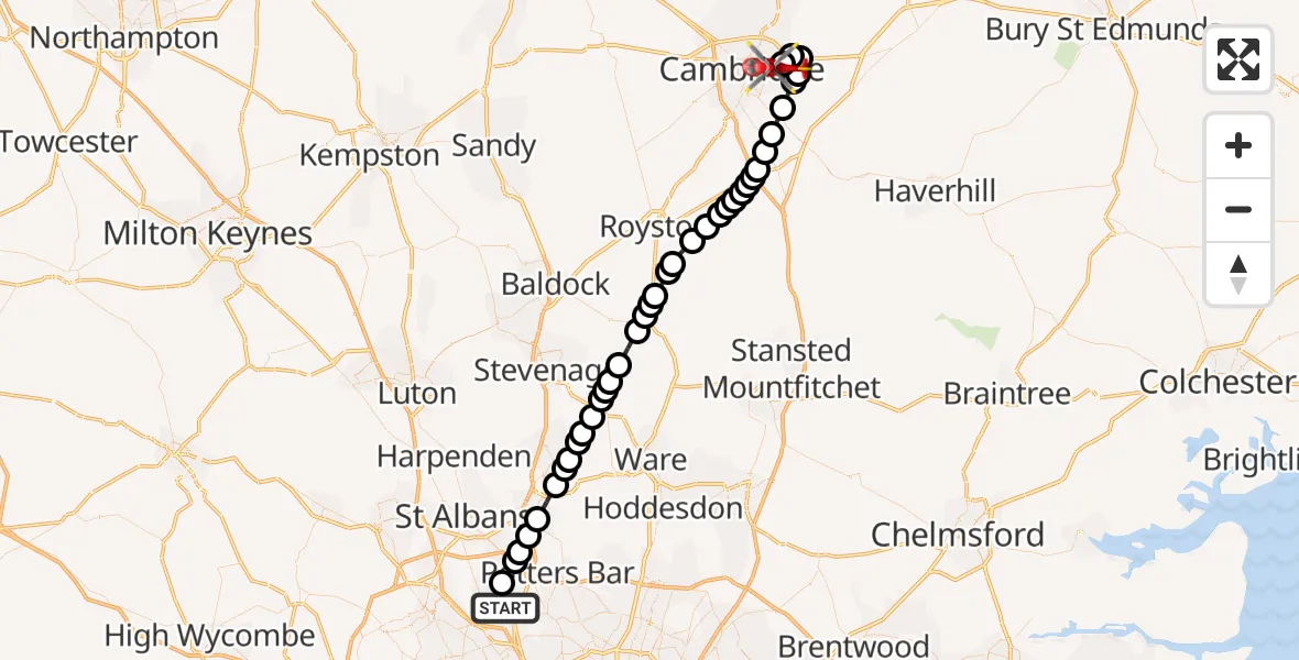 Flight route Air Ambulance Helicopter Borehamwood - Cambridge City Airport, 28 October 2026, 10:54