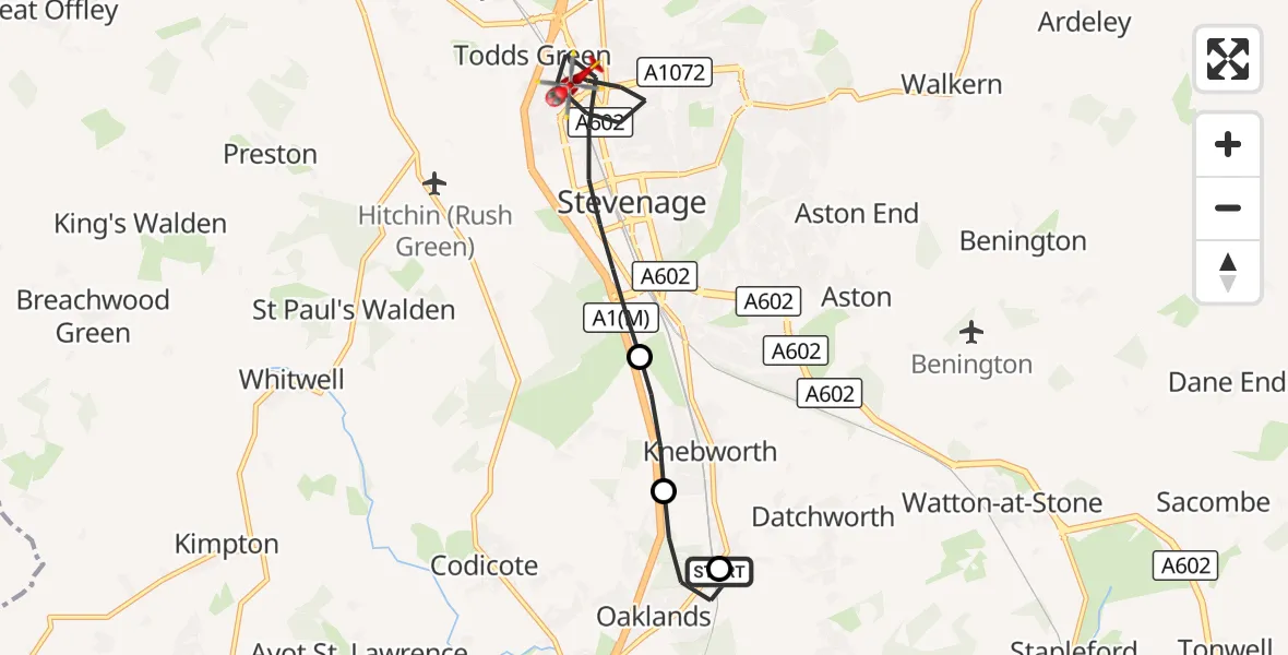 Flight route Air Ambulance Helicopter Woolmer Green - Stevenage, 28 October 2026, 11:21