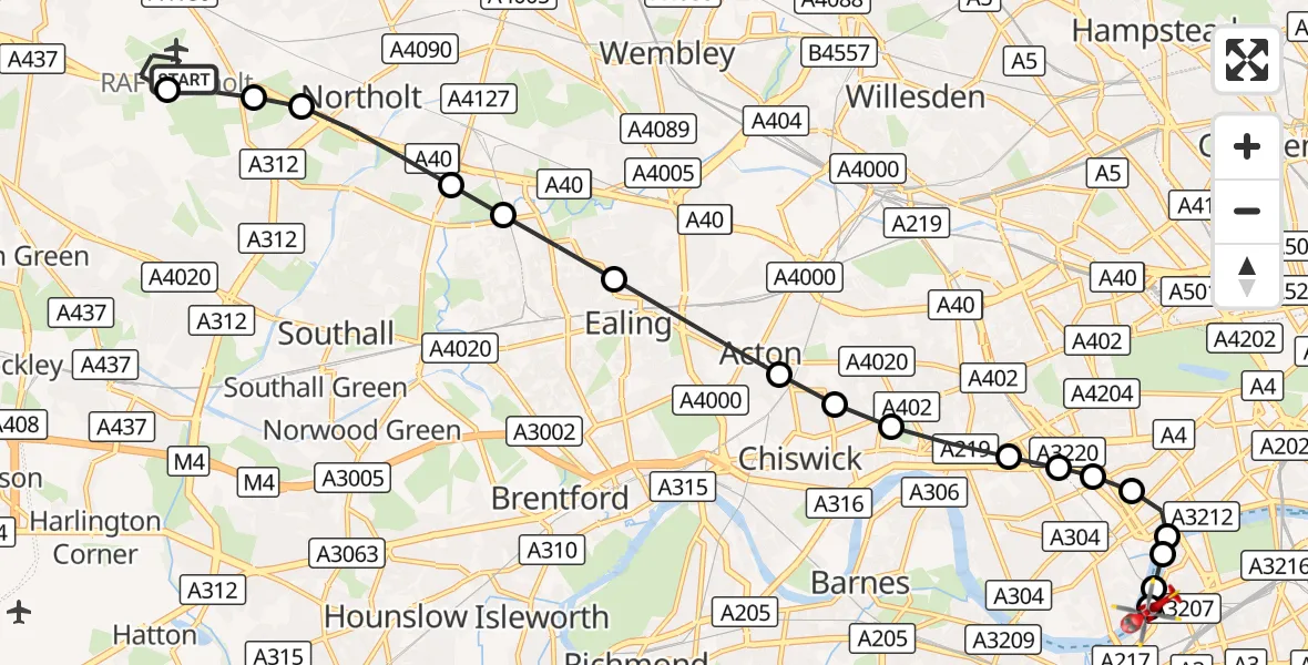 Flight route Air Ambulance Helicopter RAF Northolt - London Heliport, 28 October 2026, 11:25