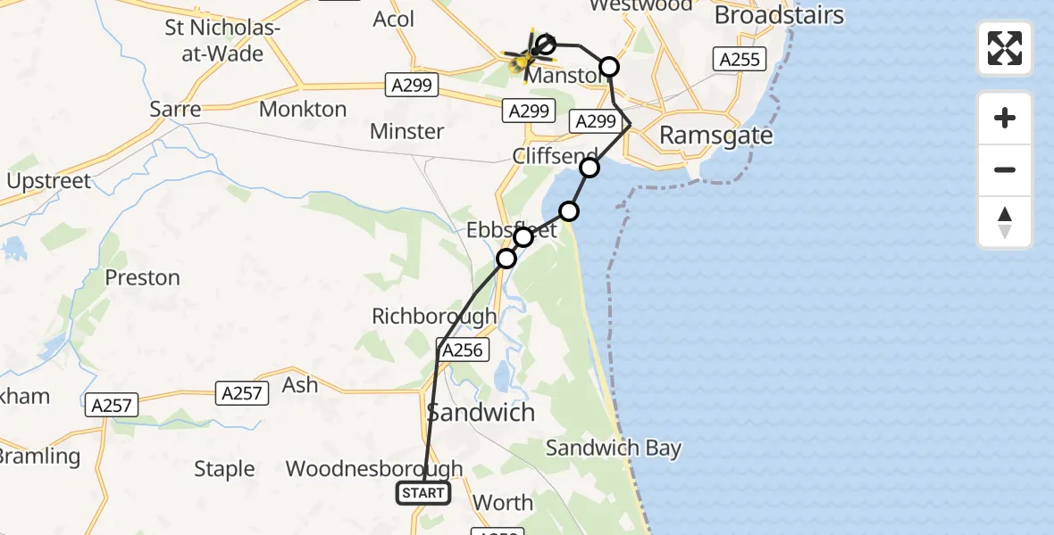 Flight route Police Helicopter Dover - Manston Airport, 28 October 2026, 11:33
