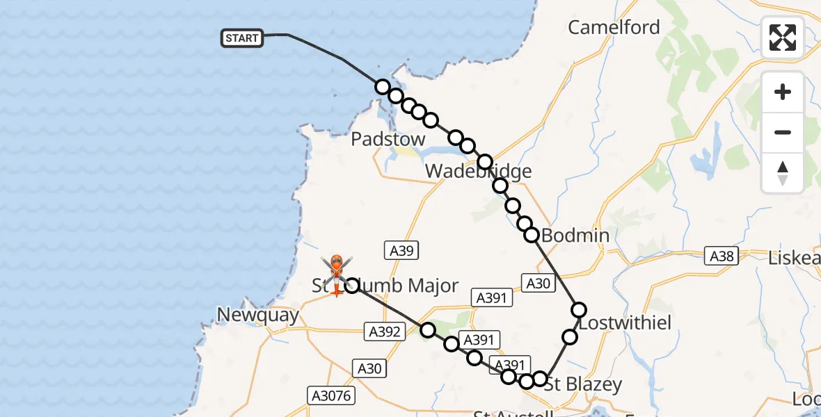 Flight route Coastguard Helicopter Bristol Channel - Cornwall Airport Newquay, 28 October 2026, 11:34