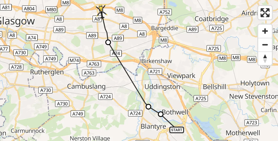Flight route Police Helicopter Bothwell - Glasgow, 28 October 2026, 11:51