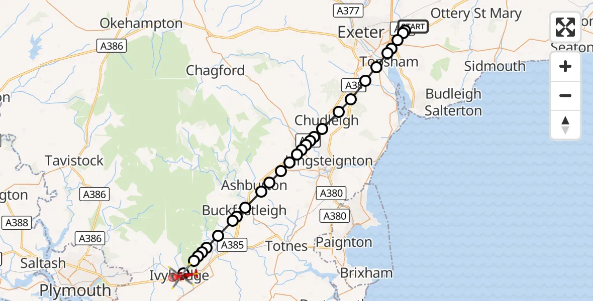 Flight route Air Ambulance Helicopter Exeter International Airport - Ivybridge, 28 October 2026, 11:52