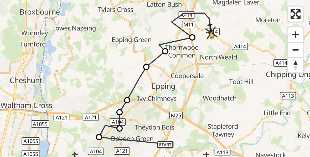 Flight route Police Helicopter Theydon Bois - North Weald Bassett, 28 October 2026, 12:09