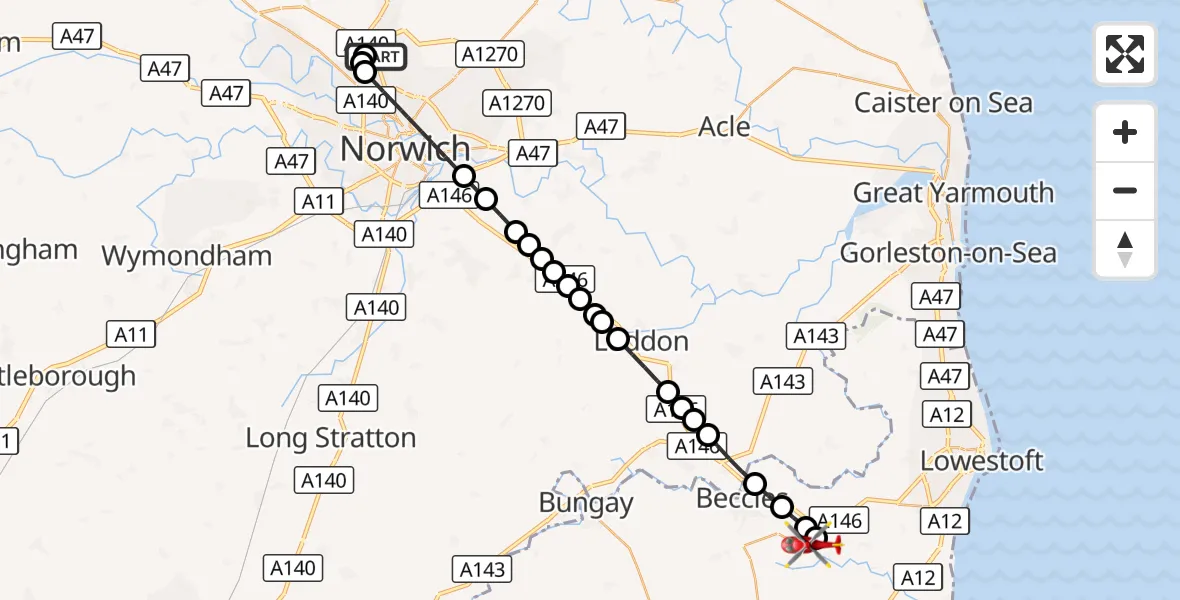 Flight route Air Ambulance Helicopter Norwich Airport - Beccles Airfield, 28 October 2026, 12:18