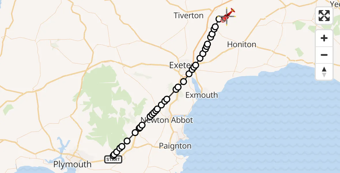 Flight route Air Ambulance Helicopter Ivybridge - Uffculme, 28 October 2026, 12:20