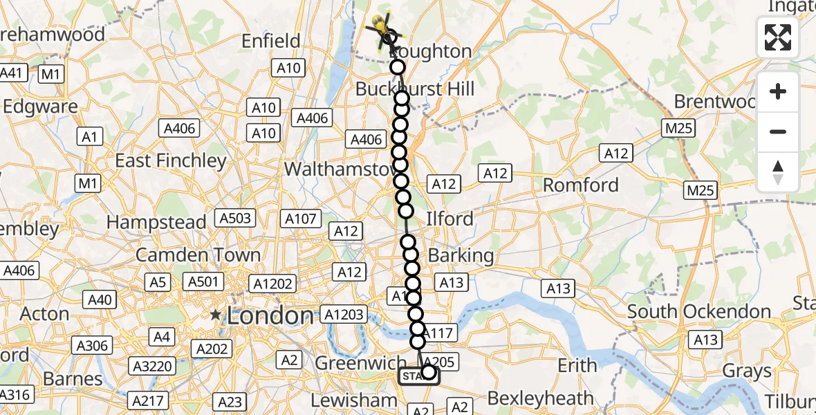 Flight route Police Helicopter Charlton - Metropolitan Police Air Support Unit Lippitts Hill, 28 October 2026, 12:27
