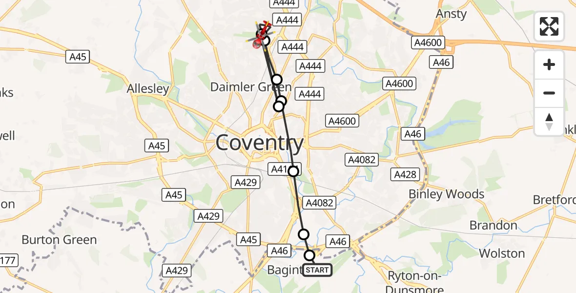 Flight route Air Ambulance Helicopter Coventry Airport - Holbrooks, 28 October 2026, 12:32