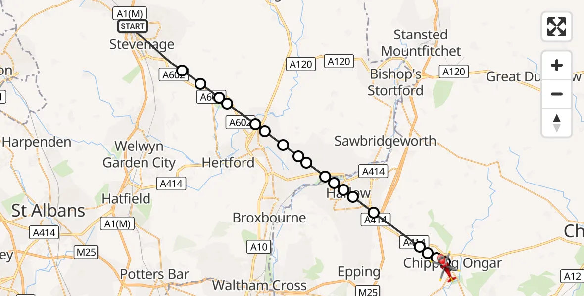 Flight route Air Ambulance Helicopter Stevenage - Chipping Ongar, 28 October 2026, 12:34