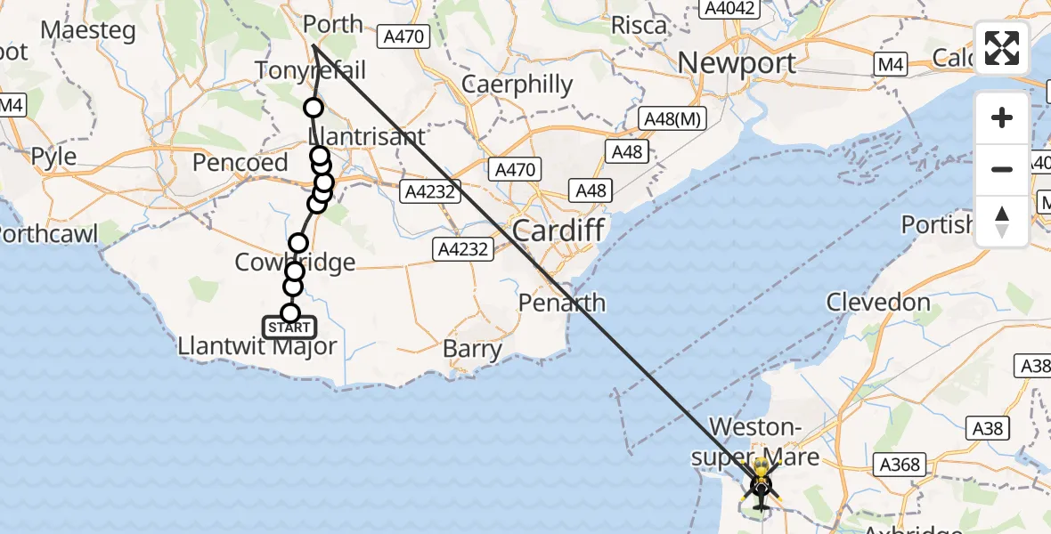 Flight route Police Helicopter Llanmaes - Weston General Hospital, 28 October 2026, 12:45