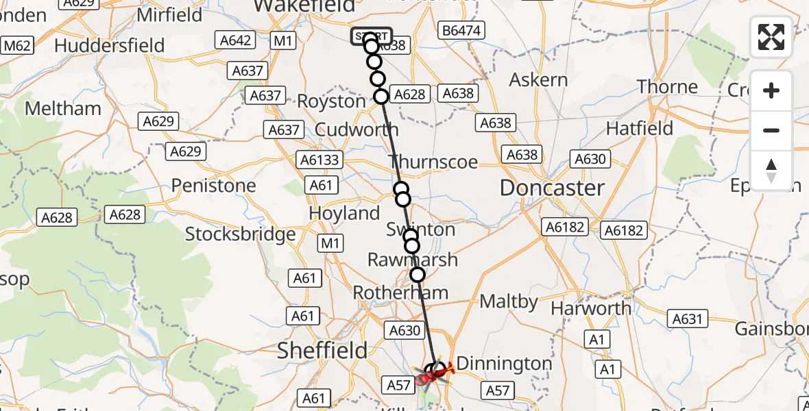 Flight route Air Ambulance Helicopter YAA Nostell Helicopter Port - Rotherham, 28 October 2026, 12:53