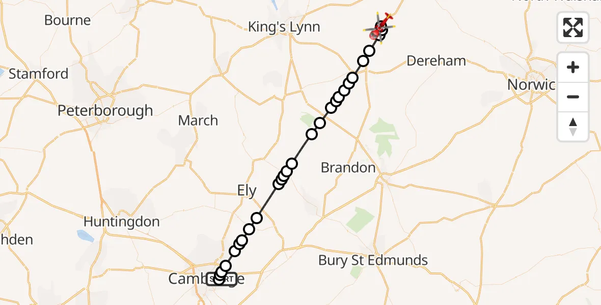 Flight route Air Ambulance Helicopter Cambridge City Airport - Weasenham, 28 October 2026, 12:53