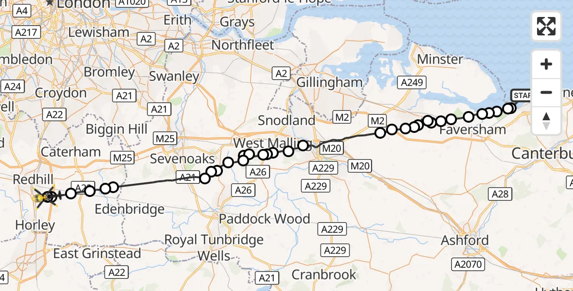 Flight route Police Helicopter North Sea - Redhill Aerodrome, 28 October 2026, 13:15