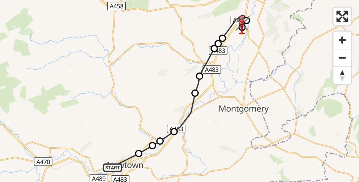 Flight route Air Ambulance Helicopter Milford - Welshpool Airport, 28 October 2026, 13:18