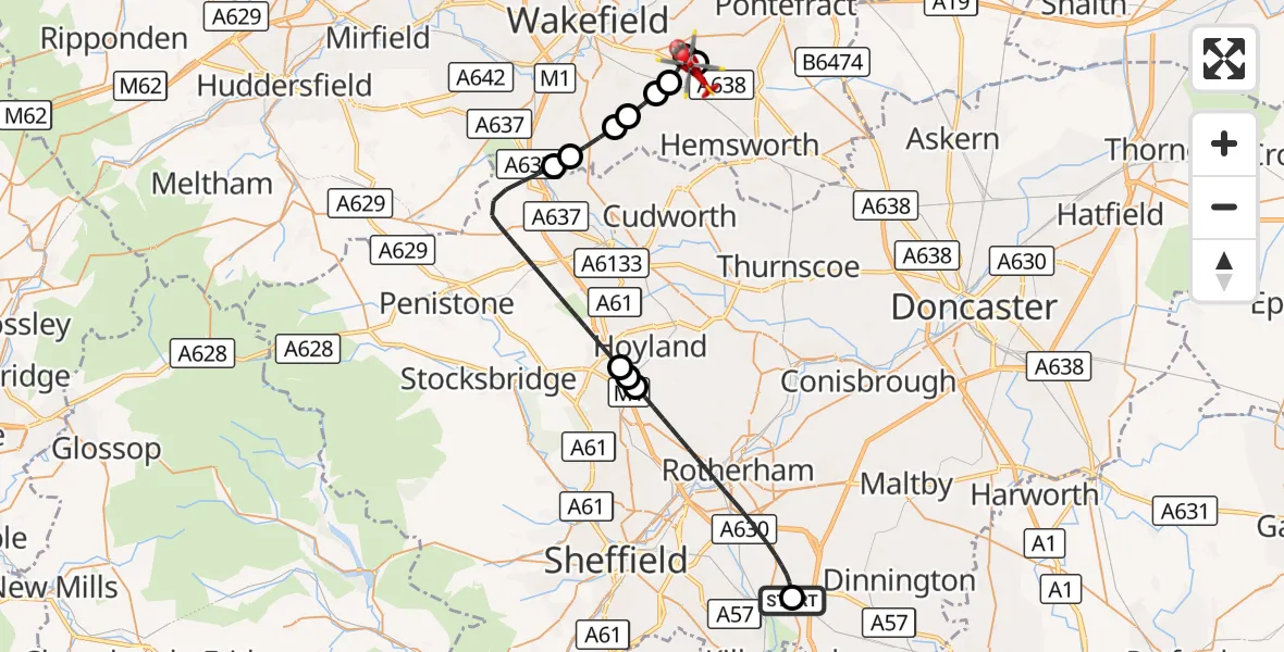 Flight route Air Ambulance Helicopter Rotherham - YAA Nostell Helicopter Port, 28 October 2026, 13:21